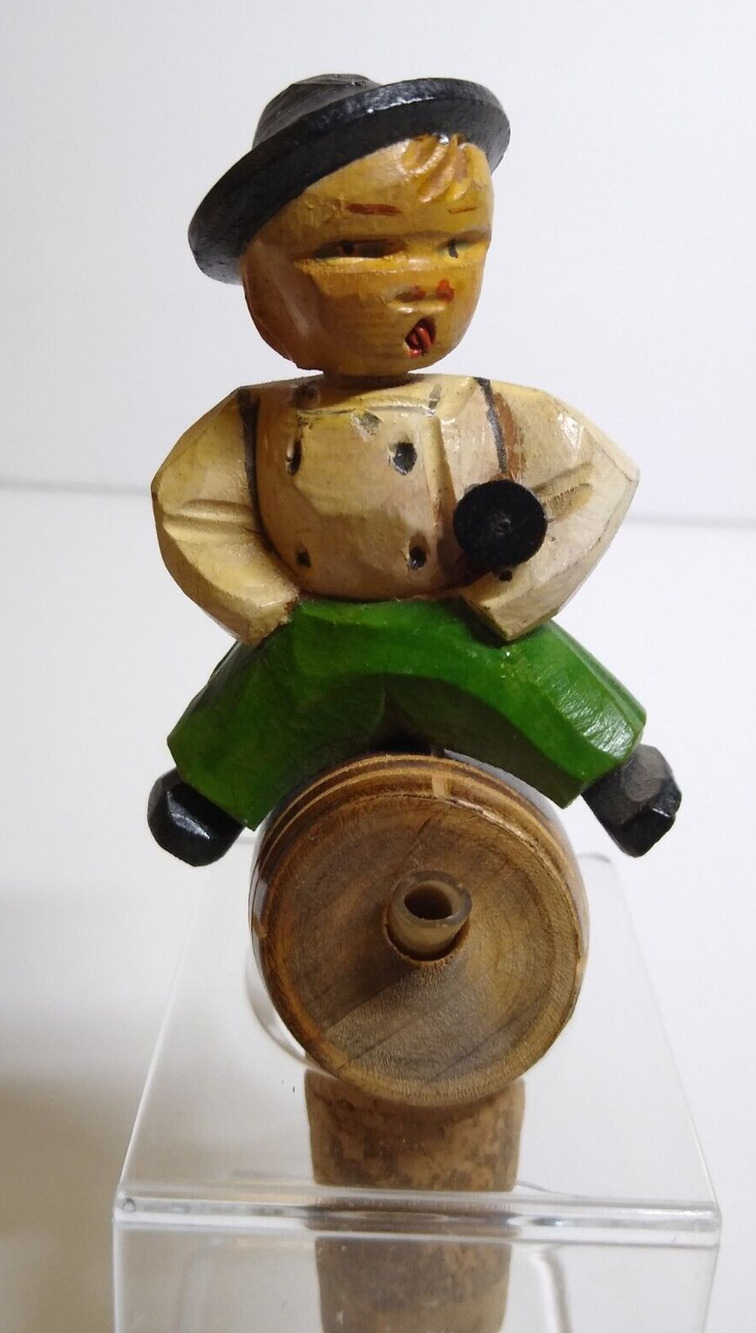 ANRI Mechanical Drink Pourer Bottle Stopper Wood Carved Puppet Pivot Head Italy